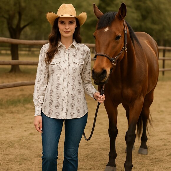 Miller Western Cowgirl Vintage Womens cream/blue floral Pearl Snap Shirt 16/34 - Picture 1 of 4